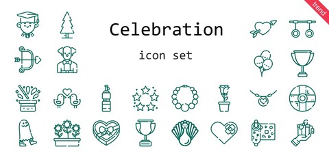 celebration icon set. line icon style. celebration related icons such as gift, flowers, balloons, tree, necklace, best, bottle, wrapping, heart, cupid, help, ghost, rings, love birds, turkey