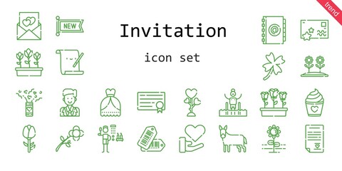 Fototapeta na wymiar invitation icon set. line icon style. invitation related icons such as love, shower, new, parchment, wedding dress, flowers, confetti, groom, pool, donkey, clover, agenda, flower, tags