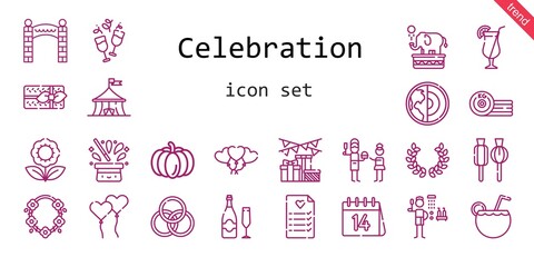 celebration icon set. line icon style. celebration related icons such as gift, laurel, shower, balloons, father, lollipop, necklace, flower, wedding planning, rings, cocktail, earth