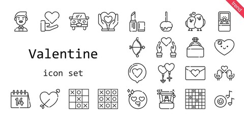 valentine icon set. line icon style. valentine related icons such as love, couple, groom, ring, engagement ring, caramelized apple, lipstick, heart, cupid, wedding car, romantic music, in love