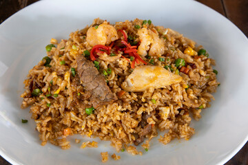 Special fried rice with shrimps, chicken and beef