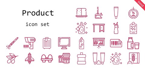 product icon set. line icon style. product related icons such as bread, whipped cream, mouthwash, scanning, display, milk, wiping, organic eggs, discount, rocket ship, perfume, trolley