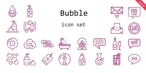 bubble icon set. line icon style. bubble related icons such as potion, no chatting, foam, co2, discount, message, soda, water, quotes, detergent, bathtub, candy machine, chat, champagne