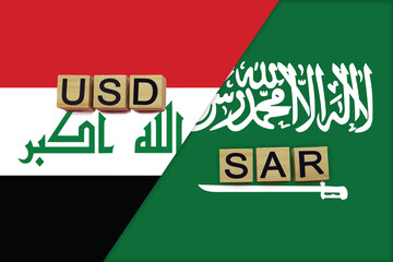 Iraq and Saudi Arabia currencies codes on national flags background