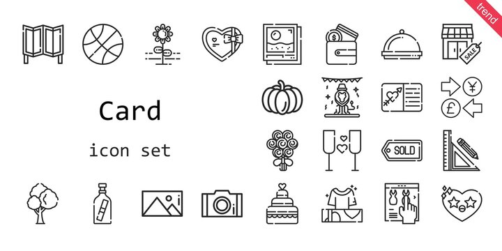 card icon set. line icon style. card related icons such as gift, message in a bottle, wallet, room divider, stores, tree, bouquet, photo, dinner, heart, picture, flower, online shop