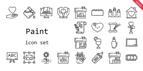 paint icon set. line icon style. paint related icons such as love, bricks, blackboard, nails, graphic design, juice, house, heart, flower, bucket, literature, fountain pen, marker, tire,