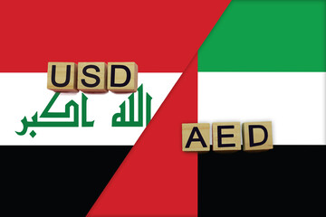 Iraq and United Arab Emirates currencies codes on national flags background