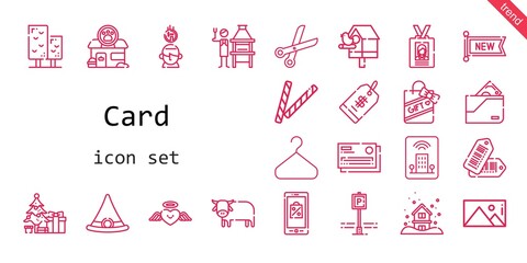 card icon set. line icon style. card related icons such as parking, gift, birdhouse, new, brick grill, wallet, christmas tree, tree, ox, snowing, decorative, picture, heart, tags