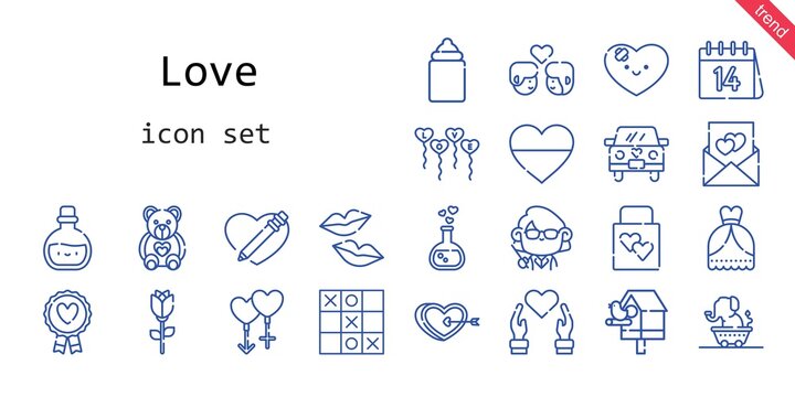 love icon set. line icon style. love related icons such as wedding dress, birdhouse, couple, potion, wedding gift, balloons, feeder, favourite, kiss, heart, love potion