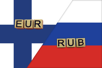 Finland and Russia currencies codes on national flags background
