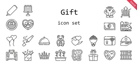gift icon set. line icon style. gift related icons such as gift, love, gift card, briefcase, bouquet, box, dinner, heart, cart, diamond, tulips, highlighter, cake, chocolate 