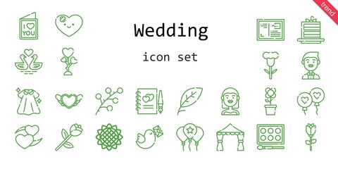 wedding icon set. line icon style. wedding related icons such as bride, pigeon, love, cake slice, dress, groom, balloon, leaf, branch, heart, sunflower, swans, flower, guests book