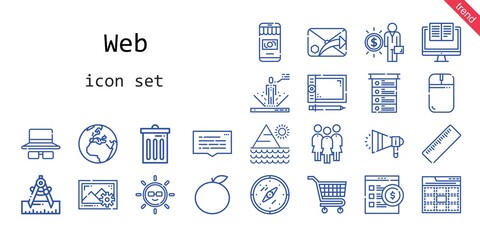 web icon set. line icon style. web related icons such as megaphone, sunglasses, images, ruler, salary, list, sun, trash, orange, robot, speech bubble, mouse, online shop, computer