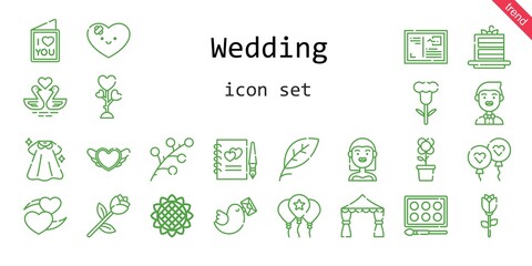 wedding icon set. line icon style. wedding related icons such as bride, pigeon, love, cake slice, dress, groom, balloon, leaf, branch, heart, sunflower, swans, flower, guests 