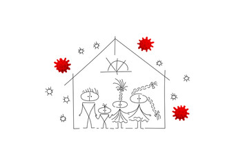 The family remains at home during the quarantine period. Coronavirus bacteria are flying around house. Characters are created in linear style with a black line. Combined with brightly colored elements