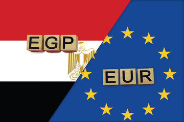 Egypt and Europe currencies codes on national flags background