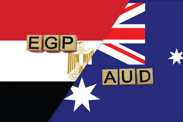Egypt and Australia currencies codes on national flags background