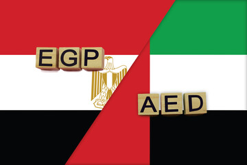 Egypt and United Arab Emirates currencies codes on national flags background