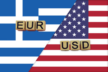 Greece and USA currencies codes on national flags background