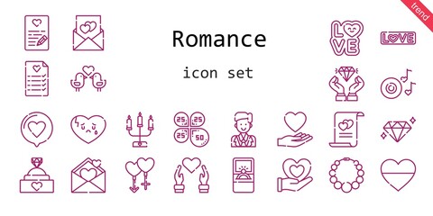 Obraz premium romance icon set. line icon style. romance related icons such as love, groom, couple, engagement ring, broken heart, necklace, petals, heart, wedding planning, diamond, romantic 