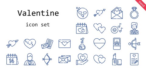 valentine icon set. line icon style. valentine related icons such as cupid, groom, romantic music, in love, engagement ring, hearts, broken heart, love letter, lipstick