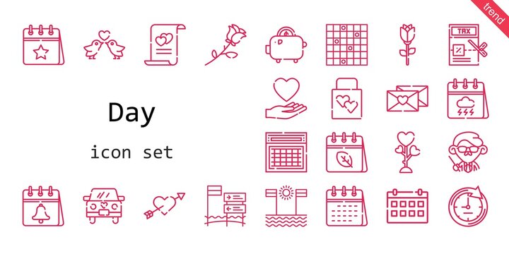 day icon set. line icon style. day related icons such as calendar, love, wedding gift, tax, clock, wedding car, cupid, teacher, love birds, marriage, beach, tic tac toe, love letter, rose, savings,