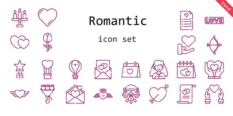 romantic icon set. line icon style. romantic related icons such as bride, love, wedding day, bouquet, heart, cupid, wedding car, wedding planning, hot air balloon, marriage, candle