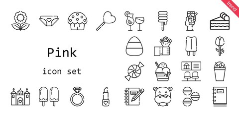 pink icon set. line icon style. pink related icons such as flowers, castle, panties, candy, engagement ring, cocktails, piece of cake, check in, cup cake, lollipop, lipstick, macarons
