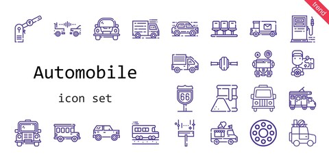 automobile icon set. line icon style. automobile related icons such as parking, bus, van, rolling wheel, route 66, fuel, wheel, truck, gas station, delivery truck, seats, trailer, driver