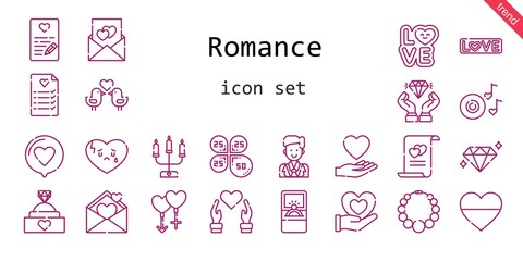 Fototapeta na wymiar romance icon set. line icon style. romance related icons such as love, groom, couple, engagement ring, broken heart, necklace, petals, heart, wedding planning, diamond, romantic music