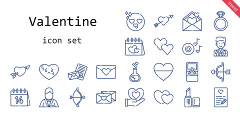 valentine icon set. line icon style. valentine related icons such as cupid, groom, romantic music, in love, engagement ring, hearts, broken heart, love letter, lipstick, valentines day