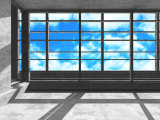 Fototapeta na wymiar Concrete room wall construction on cloudy sky background