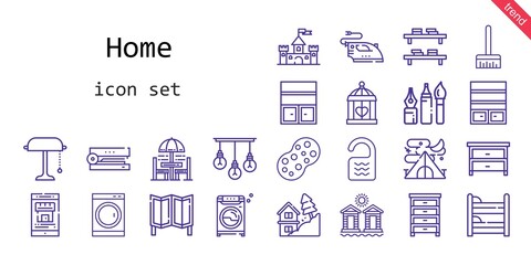 home icon set. line icon style. home related icons such as washing machine, sponge, tent, stapler, castle, bookshelf, room divider, real estate, broom, drawer, lamp, landslide, tools