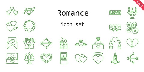 romance icon set. line icon style. romance related icons such as love, wedding ring, engagement ring, garter, broken heart, necklace, candles, petals, heart, cupid, diamond, love birds