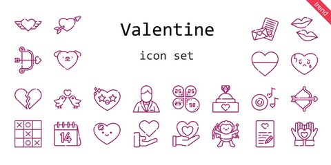 Fototapeta na wymiar valentine icon set. line icon style. valentine related icons such as love, groom, engagement ring, broken heart, kiss, petals, heart, cupid, romantic music, love birds, tic tac toe