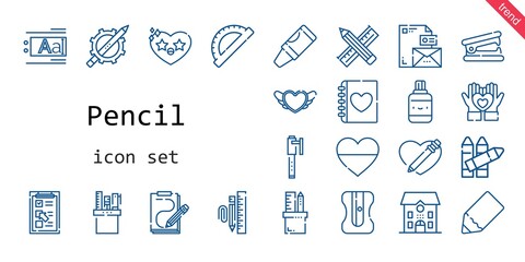 pencil icon set. line icon style. pencil related icons such as stapler remover, crayon, checklist, text editor, correction fluid, pencil, crayons, pencil case, heart, diary, protractor
