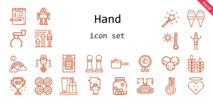 hand icon set. line icon style. hand related icons such as cleaning, profits, wool balls, cream, draw, heart, recommended, robot, rainbow, ice cream, cones, magic wand, wheat, man, thermometer