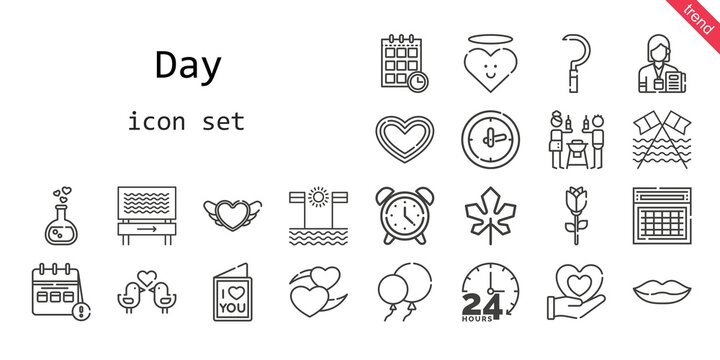 day icon set. line icon style. day related icons such as alarm clock, calendar, sickle, balloons, clock, heart, friends, maple leaf, love potion, journalist, schedule, lips, love birds, 24 hours