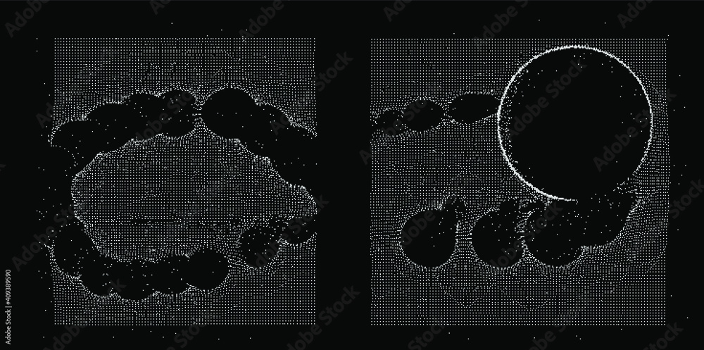 Aufkleber Ordered array of particles, surface made of dots. Conceptual illustration of fluid matter with oscillation and fluctuation. Generative computer art.