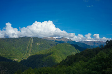 mountain landscape with green forest and blue sky