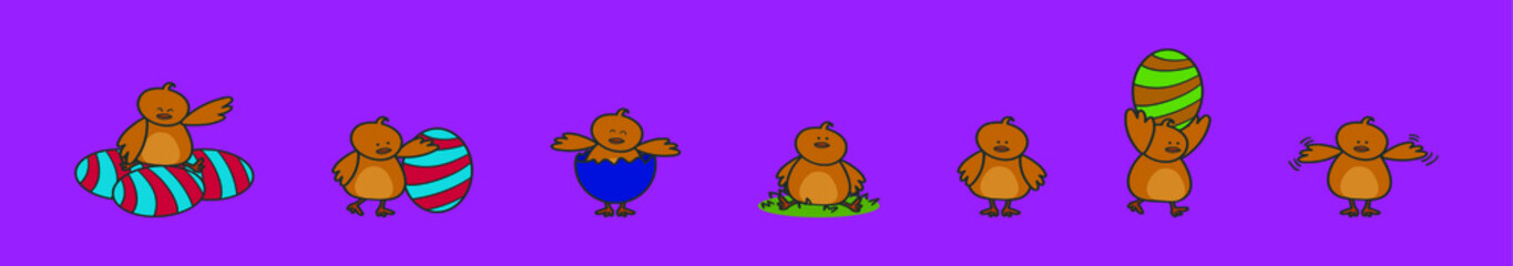 set of easter chick cartoon icon design template with various models. vector illustration isolated on purple background