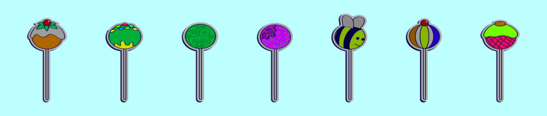 set of cake pop cartoon icon design template with various models. vector illustration isolated on blue background
