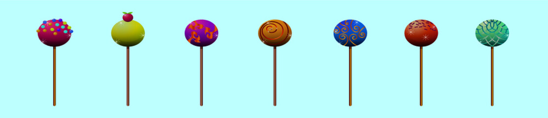 set of cake pop cartoon icon design template with various models. vector illustration isolated on blue background