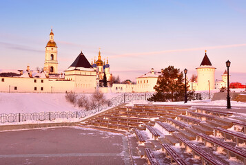 Tobolsk Kremlin in winter. Eastern fortress wall from the site in the garden of Ermak in the first capital of Siberia
