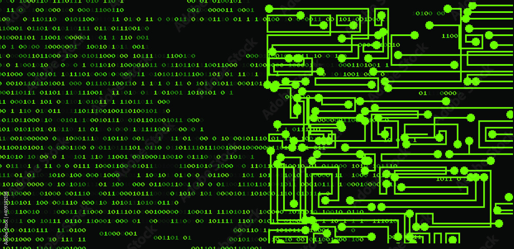 Fototapete 
Pattern of the microcircuit of silicon chip and binary code on dark background. Conceptual vector illustration of Information security and Computer programming.