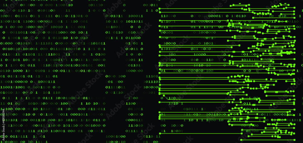 Poster 
Pattern of the microcircuit of silicon chip and binary code on dark background. Conceptual vector illustration of Information security and Computer programming.