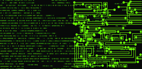 
Pattern of the microcircuit of silicon chip and binary code on dark background. Conceptual vector illustration of Information security and Computer programming.