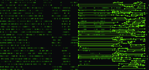 
Pattern of the microcircuit of silicon chip and binary code on dark background. Conceptual vector illustration of Information security and Computer programming.