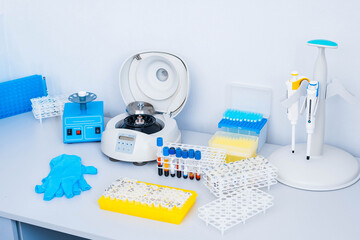 Workplace in the laboratory of blood tests and dna. Medical equipment for working with blood