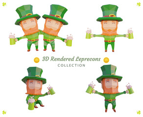 Low poly leprecon characters set. Saint patrick's day, 3d illustration, rendered. Body language expressions collection